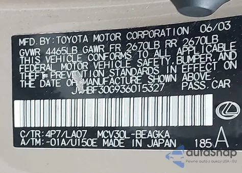 2003 Lexus Es 300 из США, поврежденный, VIN JTHBF30G936015327